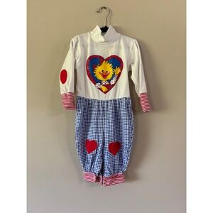 Vintage Suzys Zoo Witzy Duck Romper Gingham Heart Patches White Blue Red 12M